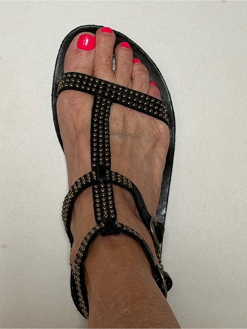 Black Stud-Embellished T-Strap Sandals with Ankle Buckle